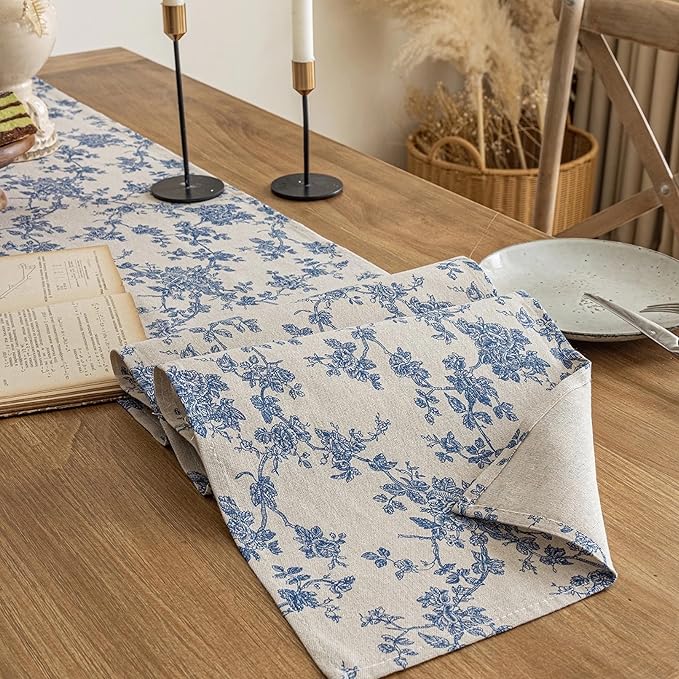 Pastoral Table Runner - 14 x 36 Inch Rectangle - Beige Linen - Washable Tabletop with Dust-Proof Wrinkle Resistant for Restaurant, Picnic, Indoor and Outdoor Dining, Floral (Dark Blue)
