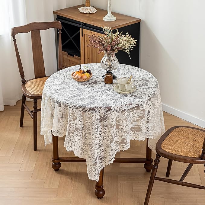 Lace Embroidered Tablecloth. Square Lace Vintage Tablecloth Dustproof Table Protector for Kitchen Dining Room Party Banquet Home Picnic Wedding Decoration (Creamy White 35.5×35.5 inch)