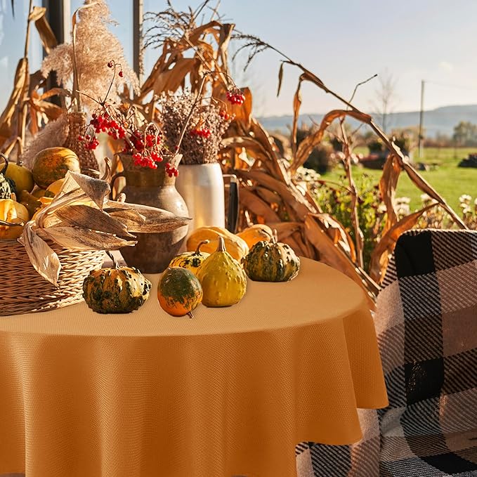 Biscaynebay Fall Tablecloth Textured Fabric Round Tablecloths 70", Bronze Thanksgiving Autumn Harvest Water Resistant Fabric Tablecloths for Kitchen, Dining, Wedding, Parties Machine Washable