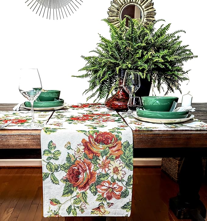 Tache Sweet Roses Spring Summer Traditional Country Vintage White Red Floral Decorative Woven Tapestry Kitchen Coffee Table Runners Scarfs, 13x72