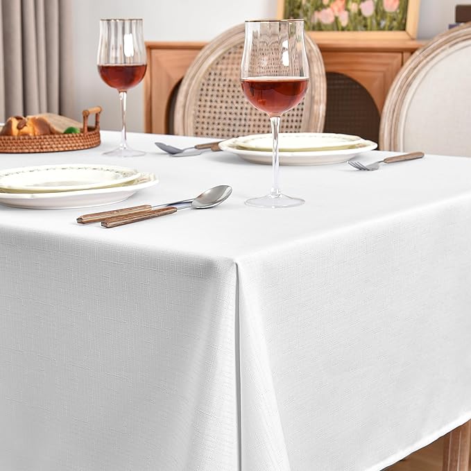 Fitable Faux Linen Tablecloths Rectangle 60 x 120 Inch - 2 Pack Textured Table Clothes for 8 Foot Tables, White Faux Burlap Table Covers for Dining, Party, Farmhouse, Banquet, Wedding