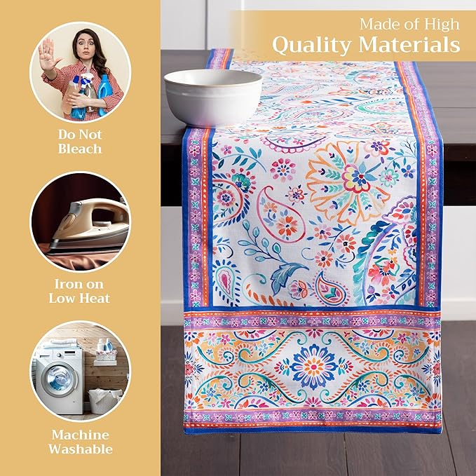 Maison d' Hermine Table Runner 100% Cotton Double Layer Table Runners 108 inches Long Decorative for Home Kitchen Dining Party Wedding Bridal Shower Spring Summer (Indian Floral, 14.50" x 108")