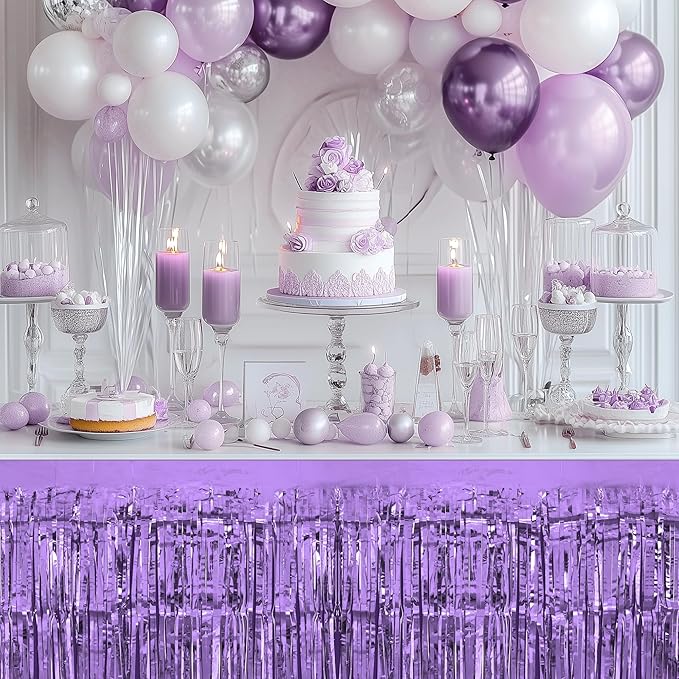 2 Pack Light Purple Dark Purple Table Skirts, 29x108" Metallic Foil Tinsel Fringe Table Skirt for Rectangle Tables Streamer Curtains Backdrop, Party Decorations for Birthdays, Weddings, Holidays
