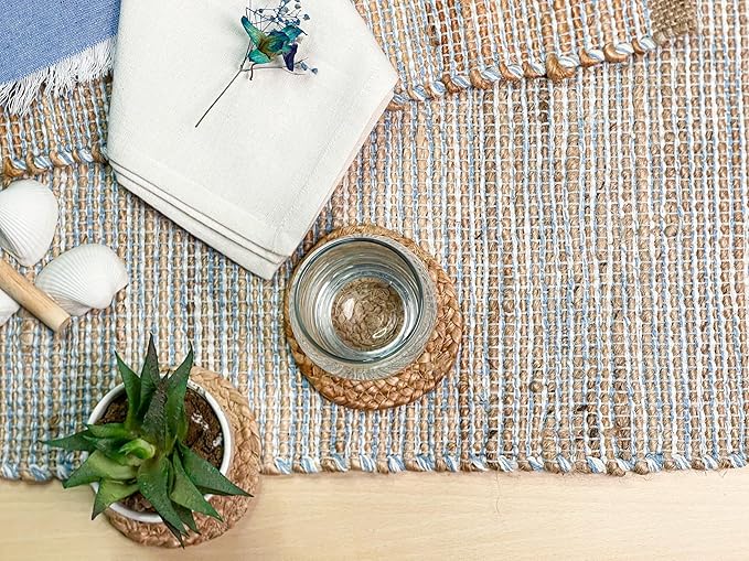 Chardin home Natural Jute Table Runner 13x48 Inch – Vintage Boho Rustic Table Decor – Handwoven Table Runner in Natural Jute and Sky Blue-White – Farmhouse Dining or Console Table Accent