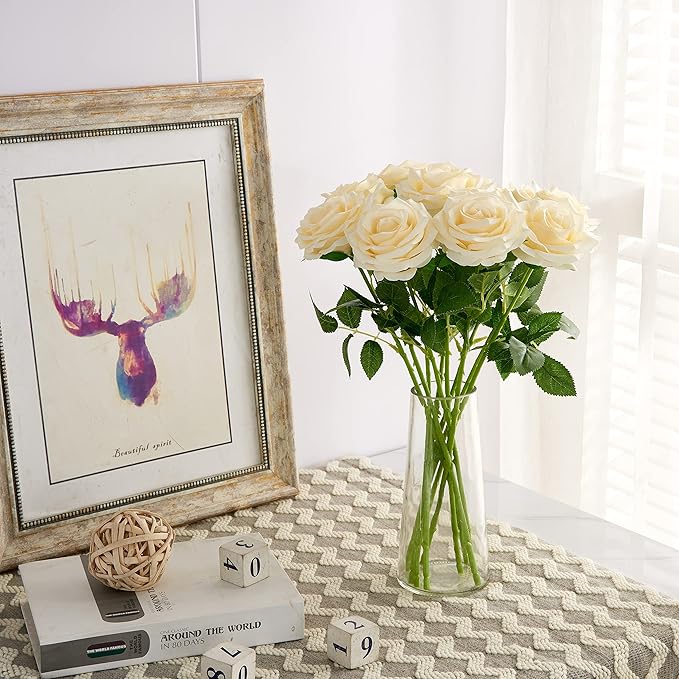 Artificial Rose 10pcs Open Flower Bouquet Faux Rose Stems for Wedding Arrangement, Bridal Bouquet, Centerpiece, Fake Faux Silk Flowers (Ivory)