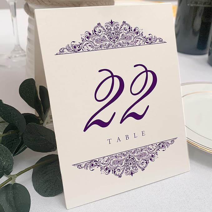Paisley Wedding Table Numbers (Select Color/Quantity), Champagne, Eggplant, 1-125, Double Sided, Tent or Use in a Stand, Great for Parties & Restaurants - Made in the USA