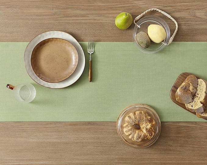 ZeeMart Linen Textured Border Table Runner, 14 x 36 Inch Green, Farmhouse Style Sage Green Table Runners 36 Inches Long, Easy Care Everyday Polyester Table Runner