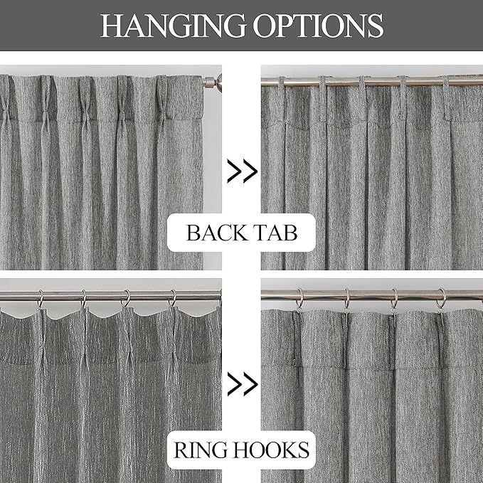Vision Home Grey Pinch Pleated Semi Sheer Curtains Textured Light Filtering Window Curtains 102 inch for Living Room Bedroom Rayon Blend Charcoal Grey Pinch Pleat Drapes with Hooks 2 Panels 40"Wx102"L