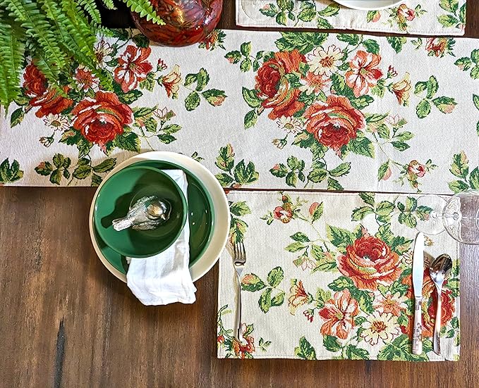 Tache Sweet Roses Spring Summer Flower Traditional French Country Vintage White Red Floral Decorative Woven Tapestry Long Kitchen Dining Table Runners, 13 x 90