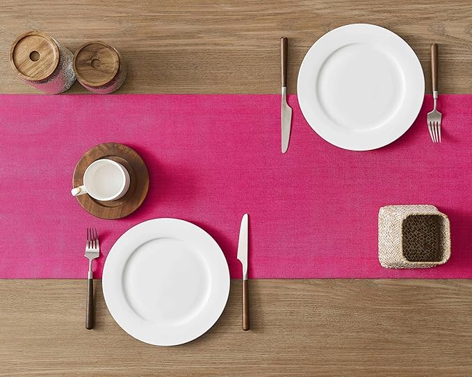 ZeeMart Linen Textured Border Table Runner, 14 x 48 Inch Hot Pink, Farmhouse Style Pink Table Runners 48 Inches Long, Easy Care Everyday Polyester Table Runner