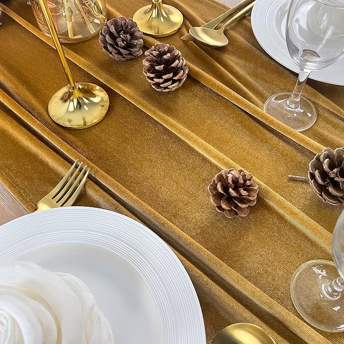 Velvet Table Runner, 10ft Luxurious Wedding Reception Decorations Soft Velvet Fabric Table Linen Overlay for Party (20 x 120 inch, Gold)