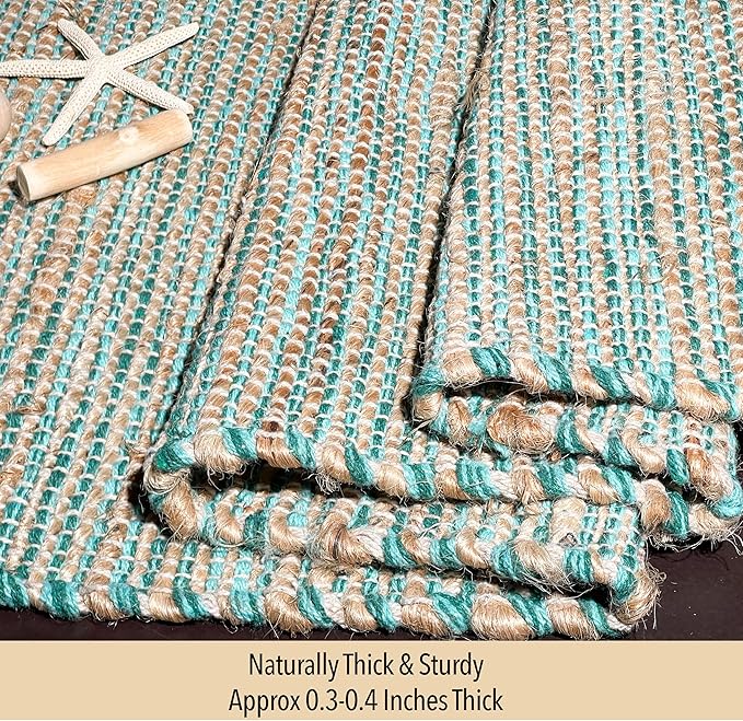 Chardin home Natural Jute Table Runner 13x48 Inch – Vintage Boho Rustic Table Decor – Handwoven Table Runner in Natural Jute and Aqua Turquoise – Farmhouse Dining or Console Table Accent