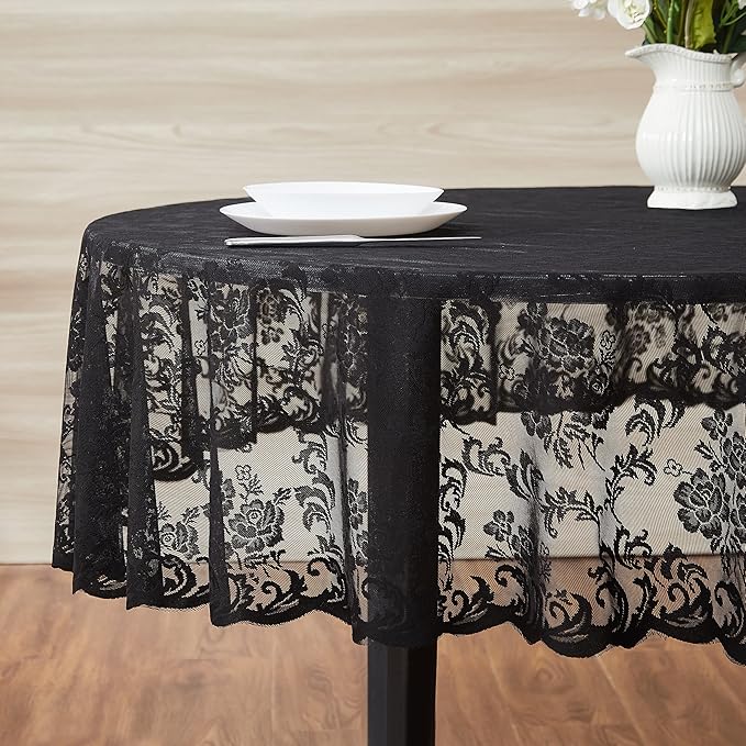 LinenZone Black Round Tablecloth for Rustic Vintage Decor. Sheer Lace Tablecloth Works Great As Wedding Table Cloth, or Christmas Table Cover (Mia 90 Round, Black)