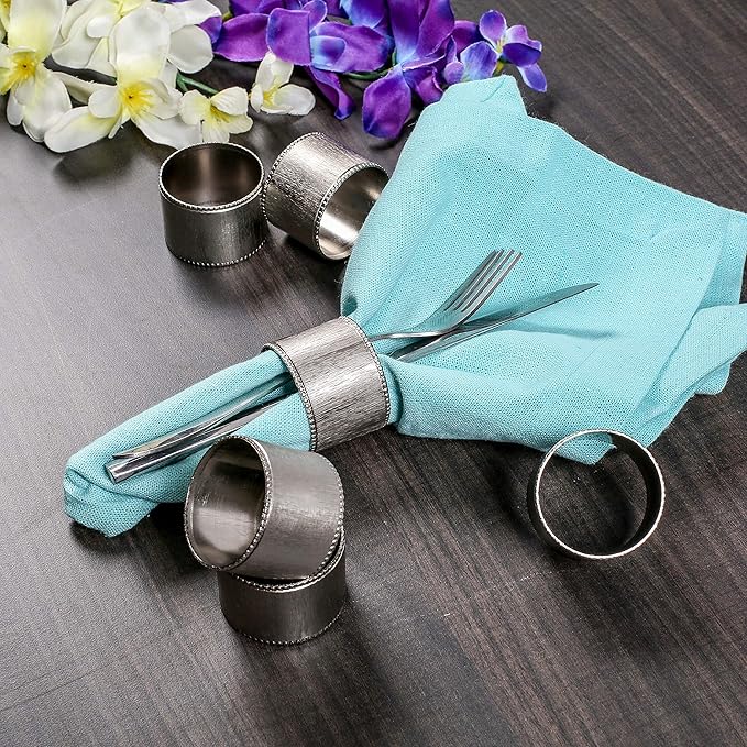 12 Pack Decorative Napkin Ring - Heavy Duty Metal Round Napkin Holders, Silver Electroplated Finish with Beaded Edge, Vintage Rustic Metal Napkin Rings for Dining, Weddings,Holidays - CLEENTABLE