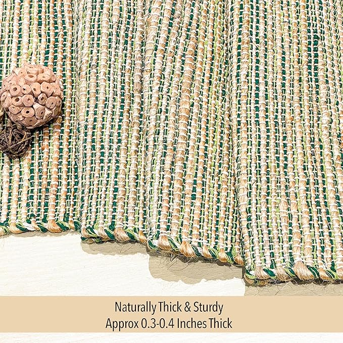 Chardin home Natural Jute Table Runner 13x36 Inch – Vintage Boho Rustic Table Decor – Handwoven Table Runner in Natural Jute and Green – Farmhouse Dining or Console Table Accent