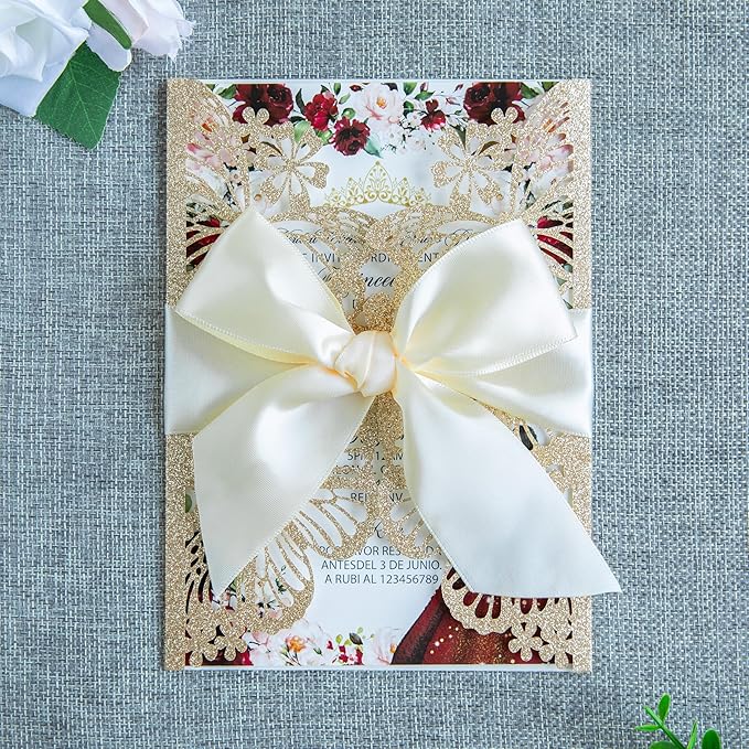 20 PCS 5.12x7.2 Butterfly Quinceanera Invitation, Laser Cut Wedding Invitation Cards with Envelopes for XV Anos Bridal Shower Baby Shower Invite (Light Gold)
