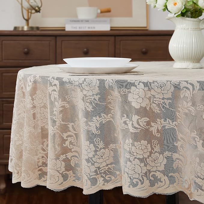 LinenZone Linen Round Tablecloth for Rustic Vintage Decor. Sheer Lace Tablecloth Works Great As Wedding, Thanksgiving or Christmas Decor (Mia 90 Round, Linen)