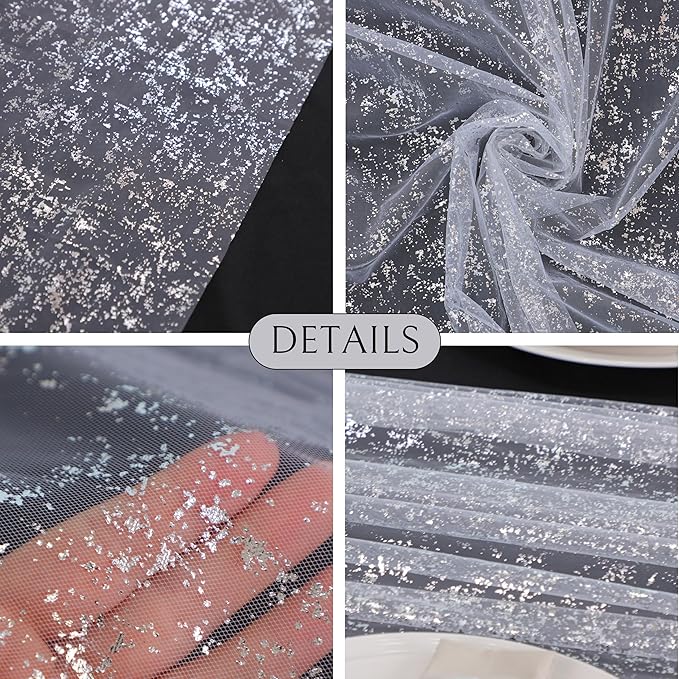 Snowkingdom 10 FT White Silver Cheesecloth Table Runner, Sequin Metallic Foil Sheer Chiffon Gauze, Glitter Silver Party Table Decoration Centerpieces for Wedding Birthday Bridal Baby Shower Christmas