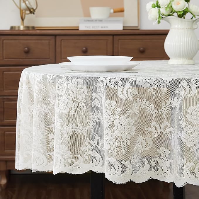 LinenZone Small Ivory Round Tablecloth for Rustic Vintage Decor. Sheer Lace Table Cloth Works Great As Wedding Tablecloth or Thanksgiving Table Cover. (Mia 36 Round, Ivory)