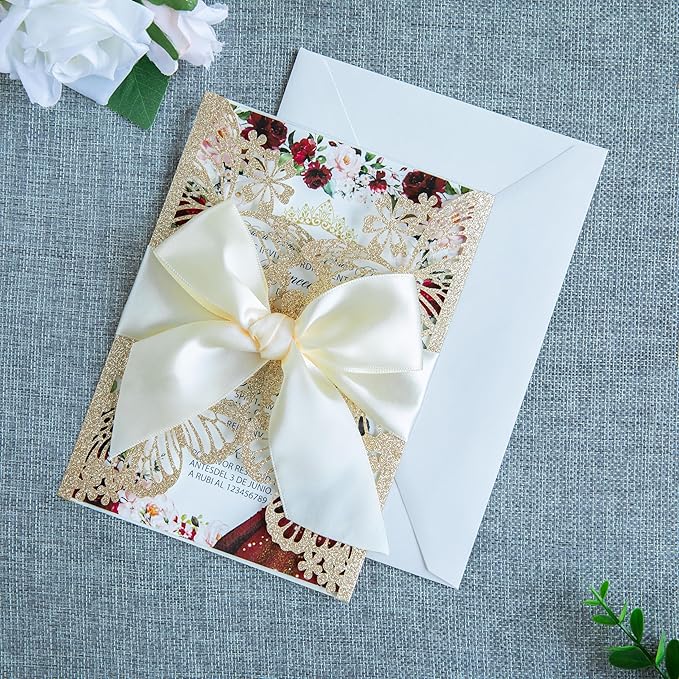 20 PCS 5.12x7.2 Butterfly Personalized Quinceanera Invitation, Customized XV Anos Laser Cut Invitation Cards with Envelopes (20 PCS Light Gold Personalized)