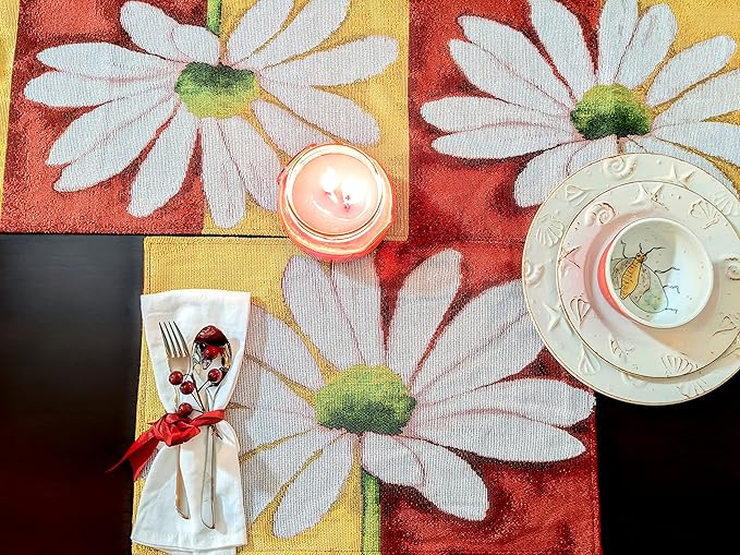Tache Home Fashion DB9046TR-13X48 Colorful Red & Yellow Daisy Flower Loves Me Not Tapestry Table Runner 48 Inch